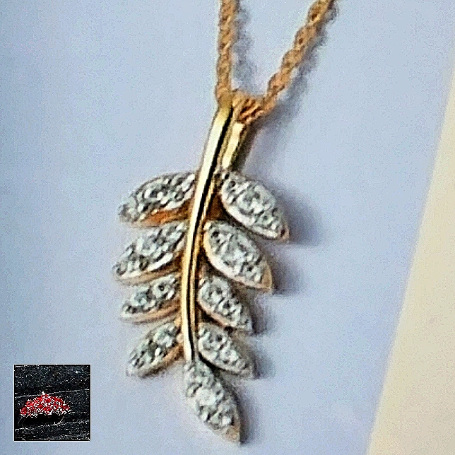 White Zircon Faceted Leaf Pendant Suspended On Genuine Vermeil 14k Gold 20 Ch 89$